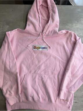 Supreme Pink Pullover Hoodie with Rainbow Box Logo
